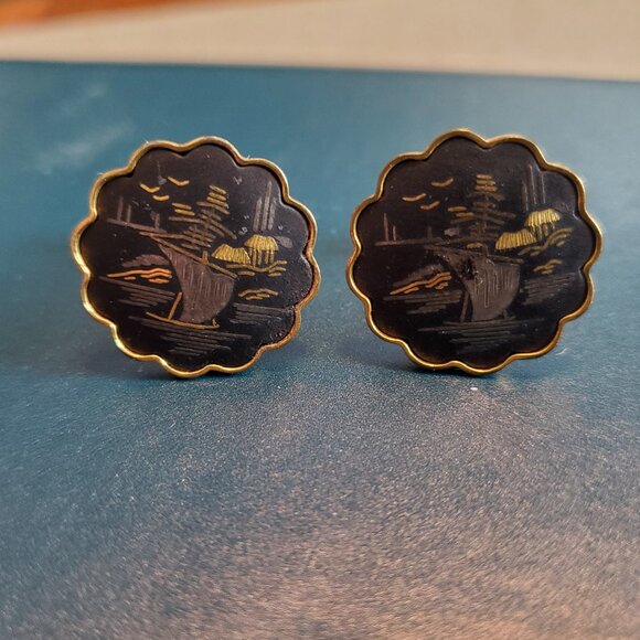 VTG Amita Japanese Damascene Men's Cufflinks Round Black & Gold Wasen (Boat) - Picture 1 of 4